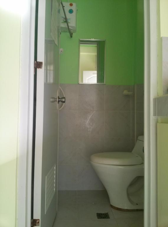 bagno verde con servizi igienici e specchio di Bambooze Hauz a Boracay