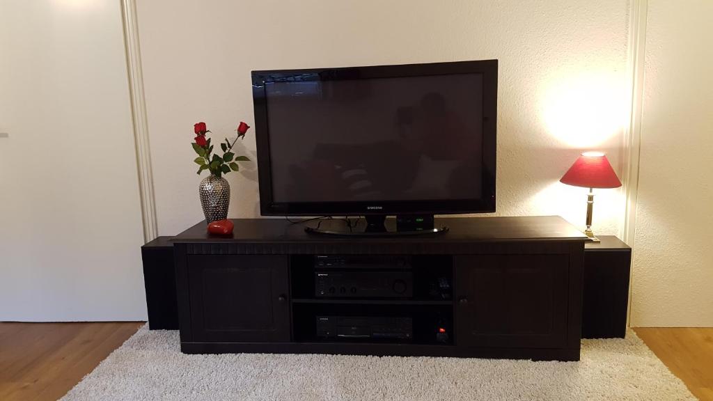 a flat screen tv sitting on a black entertainment center at Ferienwohnung "Waldeck" Nahe Messe und Bodensee in Friedrichshafen