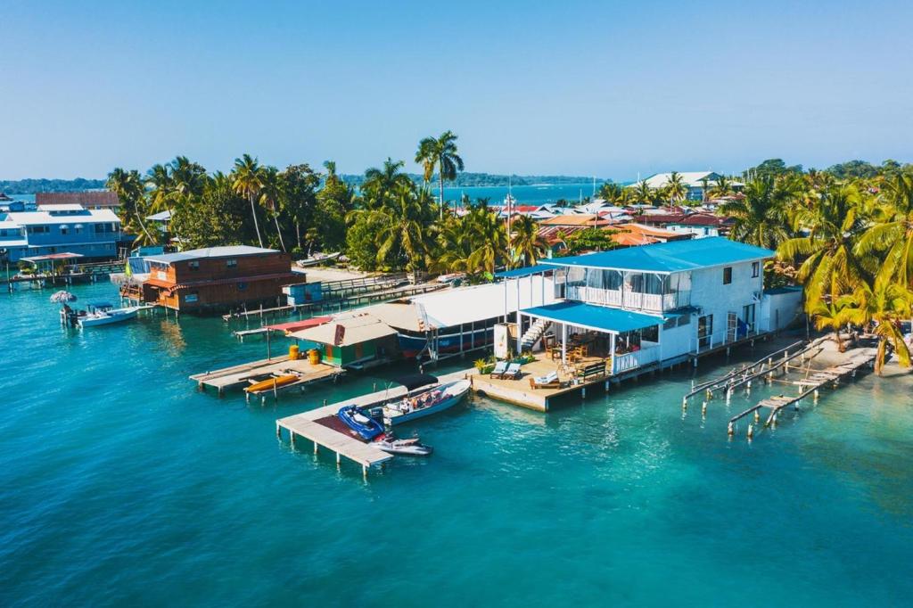 an aerial view of a marina on the water at RIVA B&B in Bocas del Toro