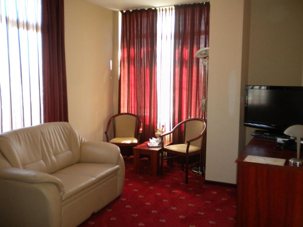 a living room with a couch and a television at Hotel Ary in Cluj-Napoca