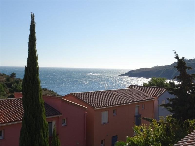 una fila de casas con el océano en el fondo en T2 Vue mer Clim et WiFi, en Cerbère