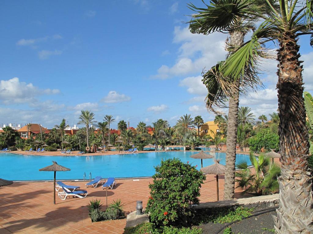 un complejo con una gran piscina con palmeras en Apartment Gardenia, Oasis Tamarindo, en Corralejo