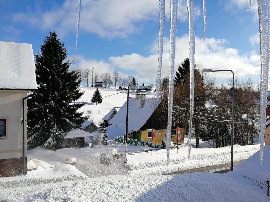 a snow covered town with houses and trees in the distance at Pension MAX in Pernink