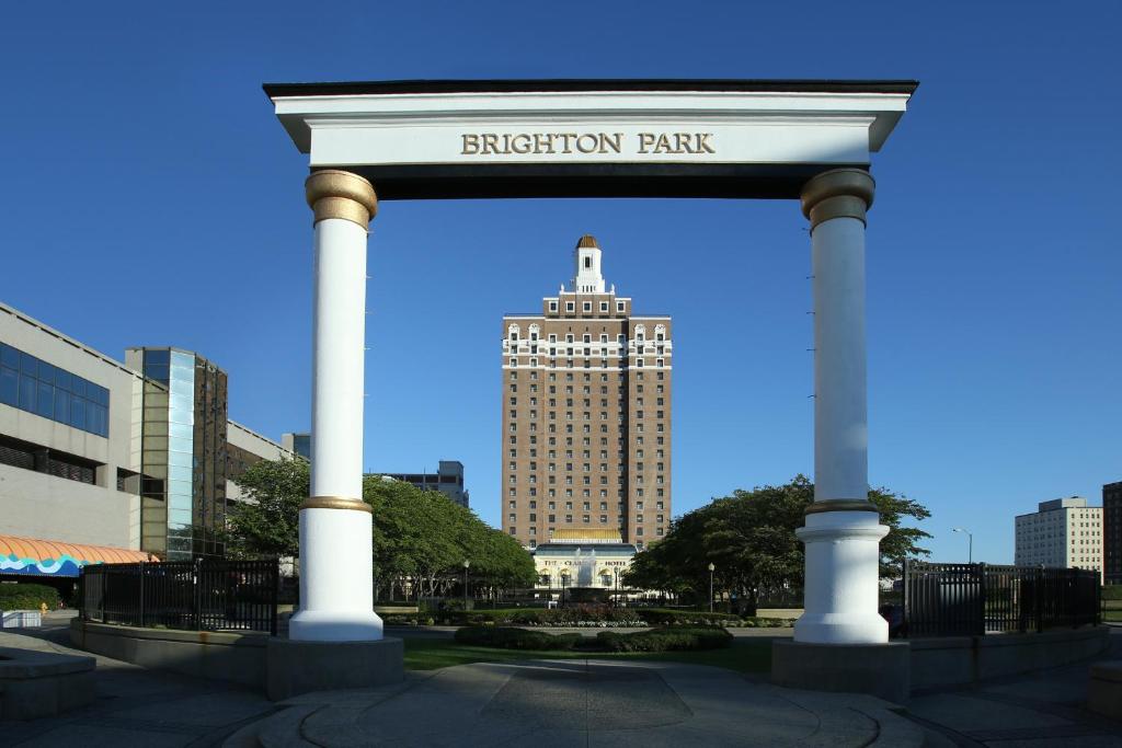 a pavilion with a sign for the entrance to the boston park at The Claridge Hotel in Atlantic City
