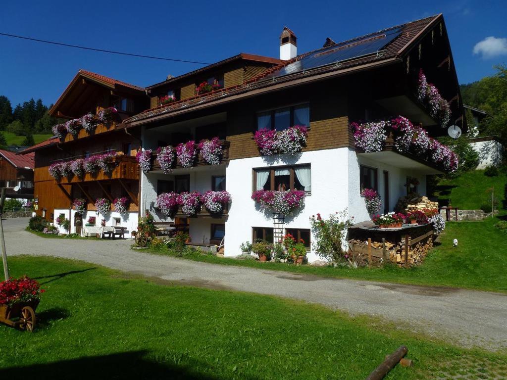 um edifício com muitas caixas de flores nas suas janelas em Beim Jokelar em Bad Hindelang