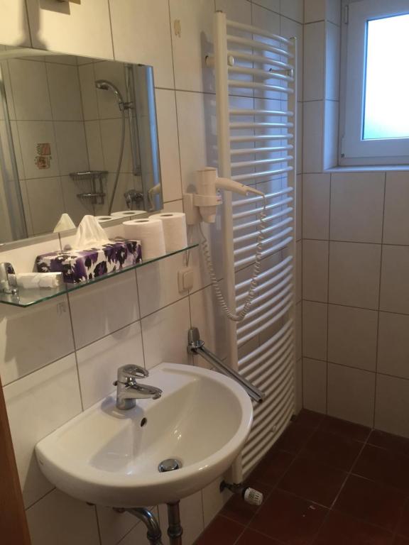 a bathroom with a sink and a mirror at Knüllhotel Tann-Eck in Knüllwald