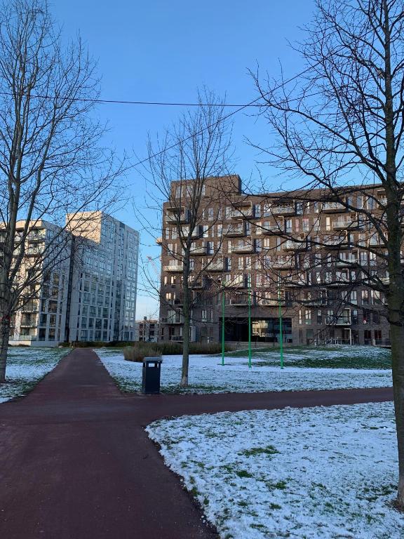 a building in a park with snow on the ground at Cute Pug Guest Room in Copenhagen
