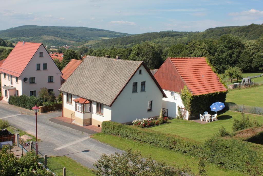 a group of houses with red roofs in a village at Ferienhaus Fam. Gottbehüt in Oberweid
