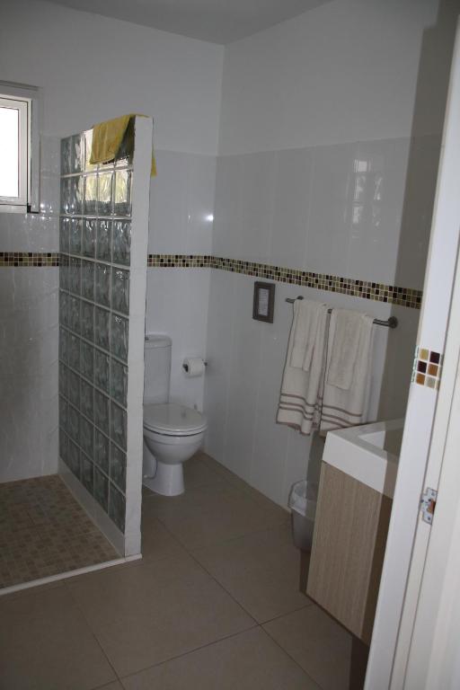 ein weißes Bad mit einem WC und einer Dusche in der Unterkunft Whitehouse Lagun Apartments in Lagun