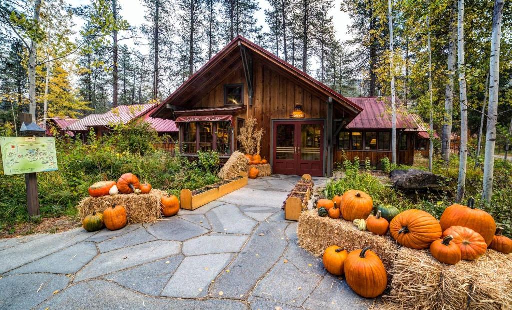 a bunch of pumpkins sitting in front of a house at Sleeping Lady Mountain Resort in Leavenworth