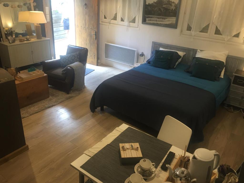1 dormitorio con cama, sofá y mesa en Chambre d'hôtes au calme avec spa, en Nérac
