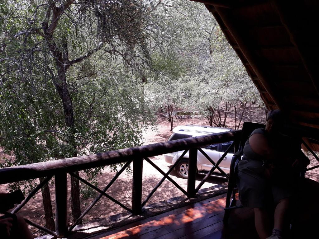 a person standing on a porch looking out at a car at African Sky in Marloth Park