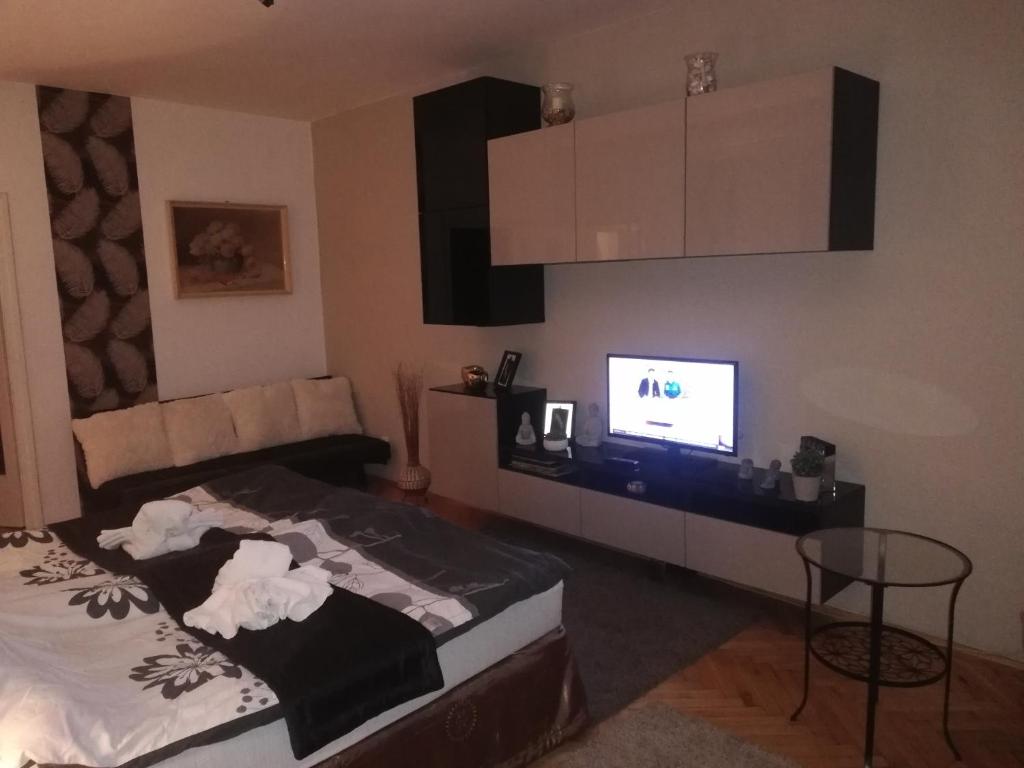 a living room with a bed and a television at Heni Apartman in Nagykanizsa