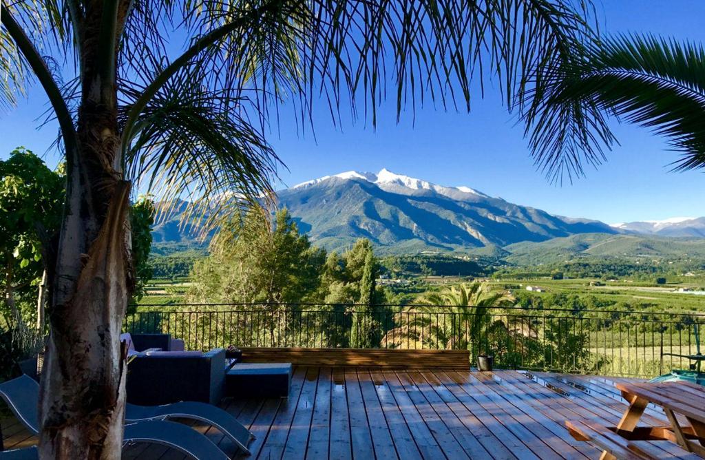 a view of a mountain from a deck with a palm tree at Casa ilicia in Eus