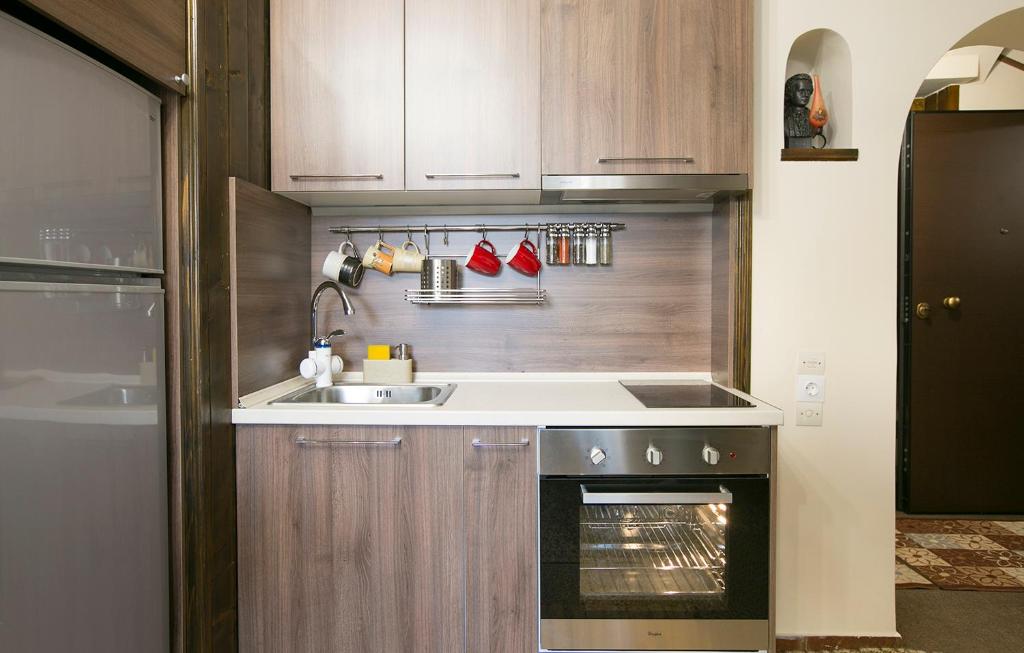 kuchnia ze zlewem i kuchenką w obiekcie Spacious Apartment Next To Metro - Marousi w Atenach