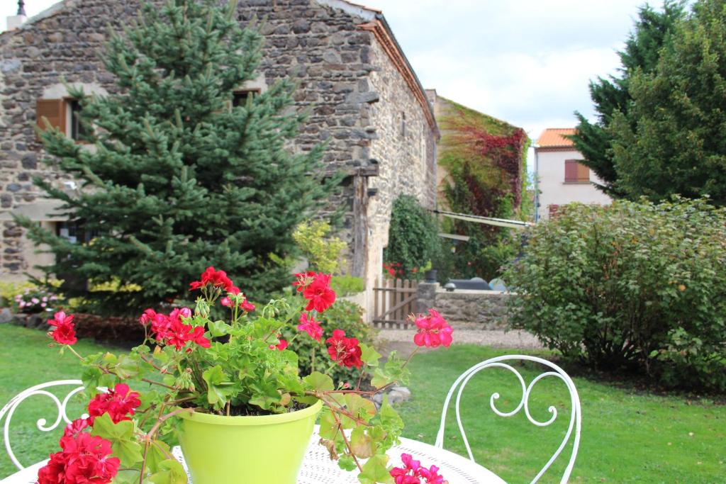 a table with a potted plant and red flowers at Chambres d&#39;hôtes les Etoiles in Mareugheol