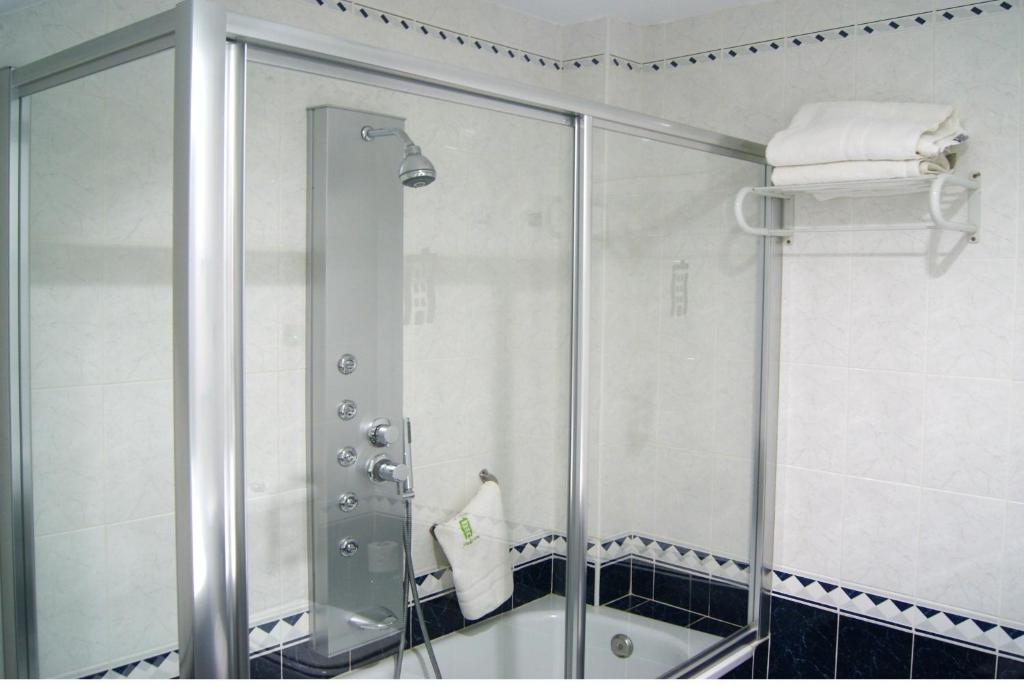 a shower with a glass door in a bathroom at Hotel Molinos in Granada