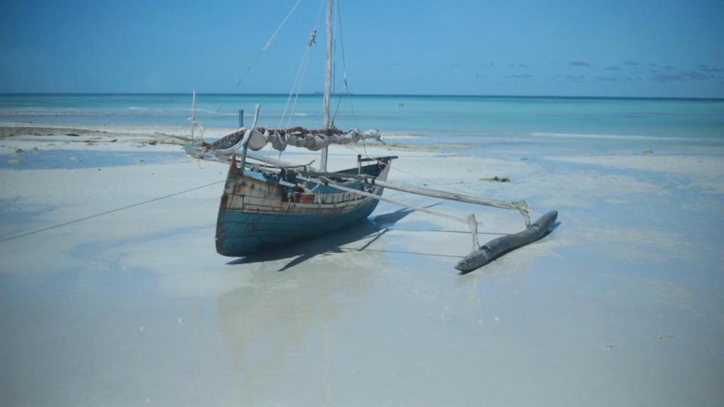 a boat is sitting on the beach at LE TRANSAT in Ambatoloaka