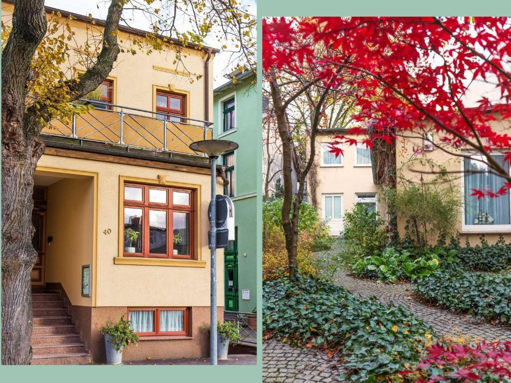 two pictures of a building and a tree at Pension Arielle _ Objekt 28014 in Warnemünde