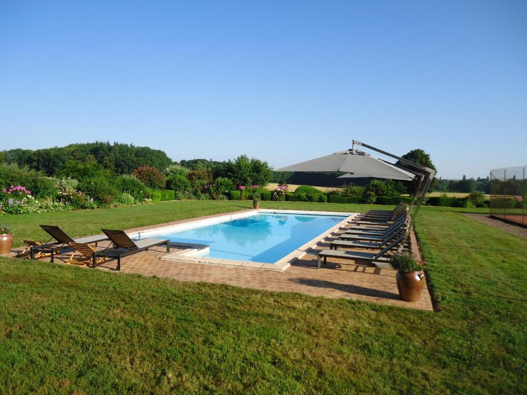 a swimming pool in a field with chairs and an umbrella at La Maison des tilleuls in Entrains-sur-Nohain