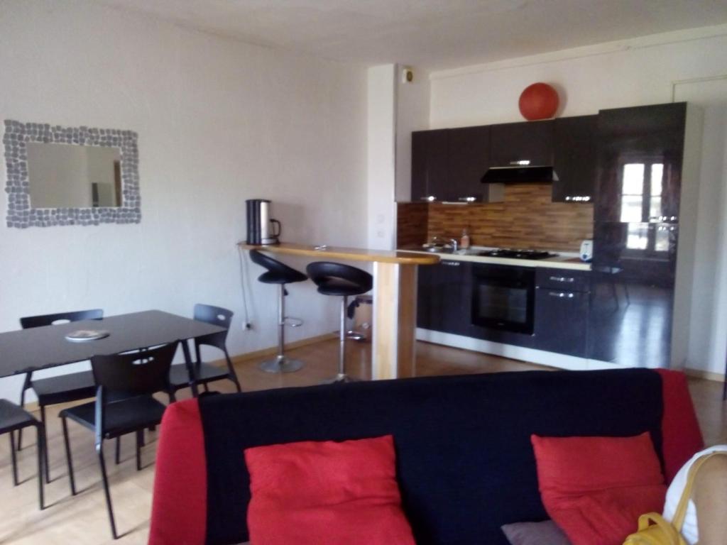 ナルボンヌにあるappartement T2 de 48 M² centre villeのリビングルーム、キッチン(ソファ、テーブル付)