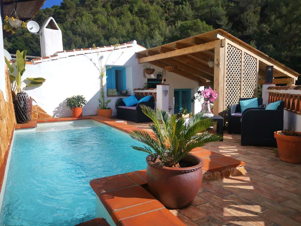 una piscina con un patio amueblado y una casa en Casa La Higuera, en Frigiliana