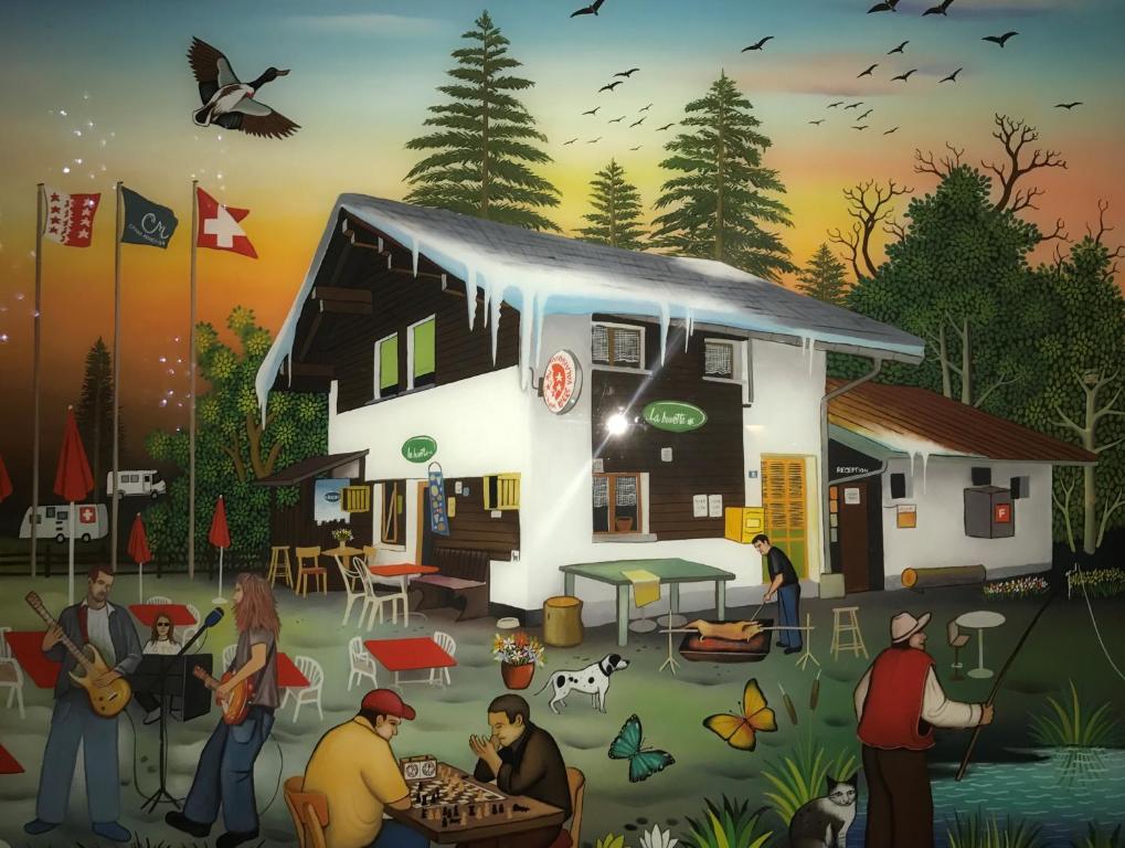 een schilderij van mensen voor een huis bij Dortoir Moubra in Crans-Montana