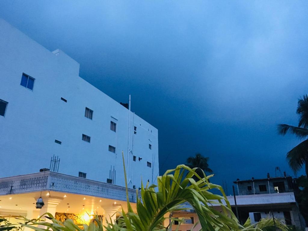 a white building with palm trees in front of it at Hotel Lovusiyah in Jaffna