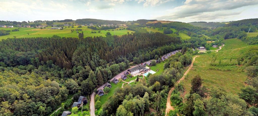 een luchtbeeld van een trein die door een bos reist bij Hotel Le Val D'arimont in Malmedy