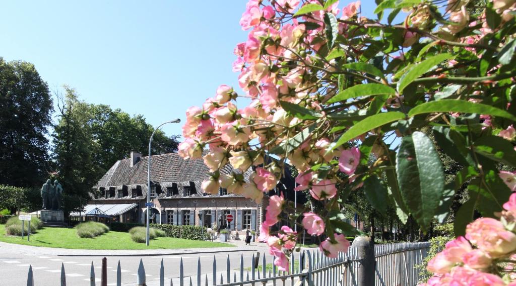 a tree with pink flowers in front of a building at Hotel The Lodge Heverlee in Leuven