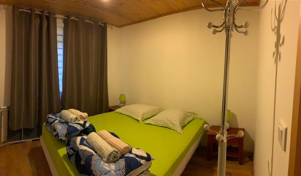 een slaapkamer met een groen bed in een kamer bij Les Chalets Fleurs de France - KOTA in Saint-Dalmas
