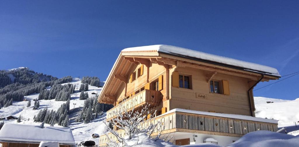 a large wooden building with snow on a mountain at Chalet Butterfly in Adelboden