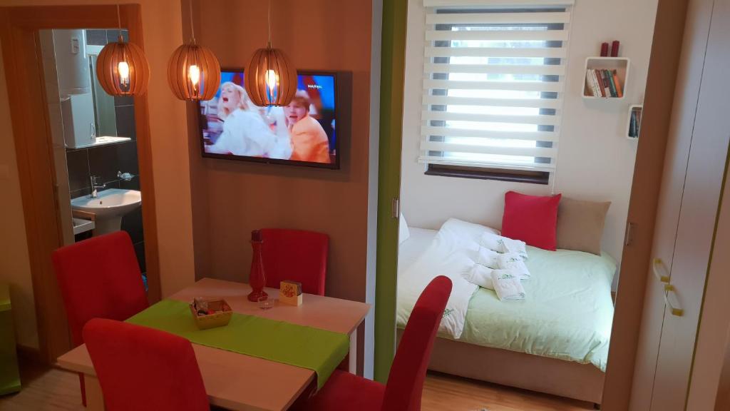 Kleines Zimmer mit einem Tisch, einem Bett und einem TV. in der Unterkunft Apartman Konak 23-4 in Zlatibor