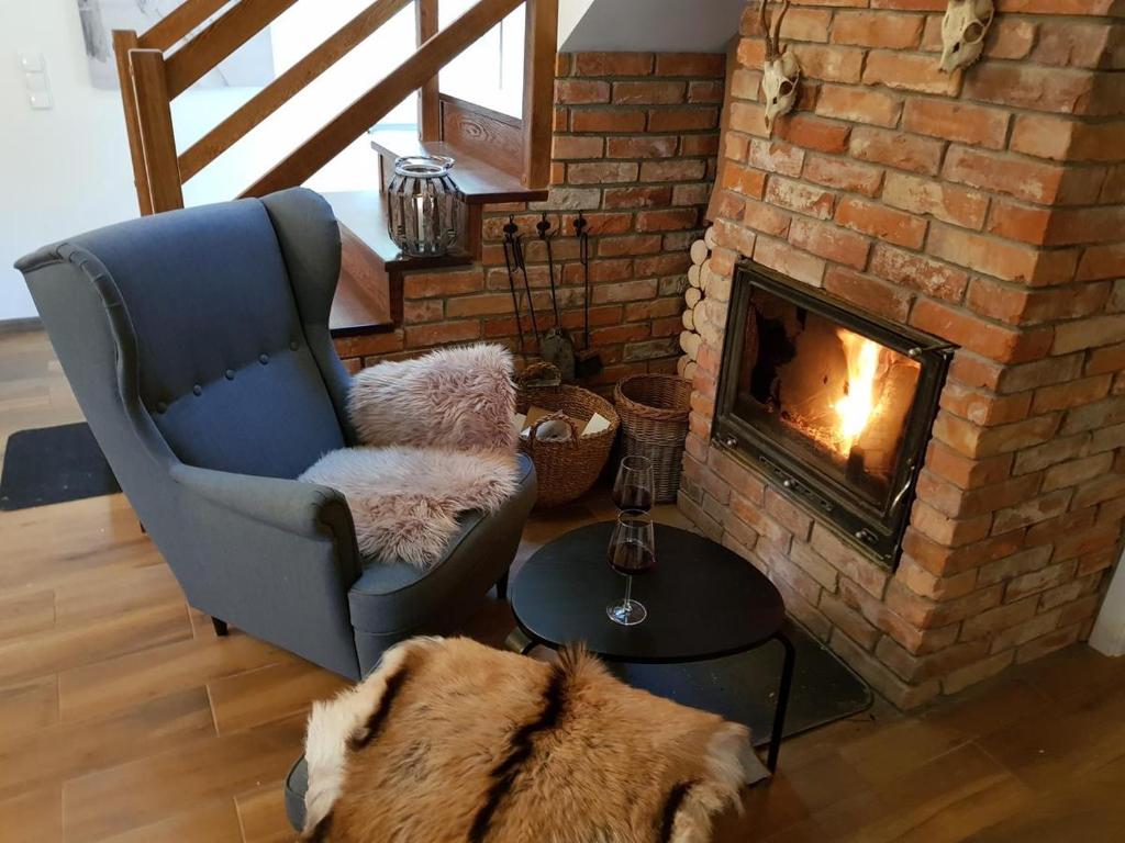 a living room with a couch and a fireplace at Leśny Zakątek Na Gwizdówce in Sierakowice