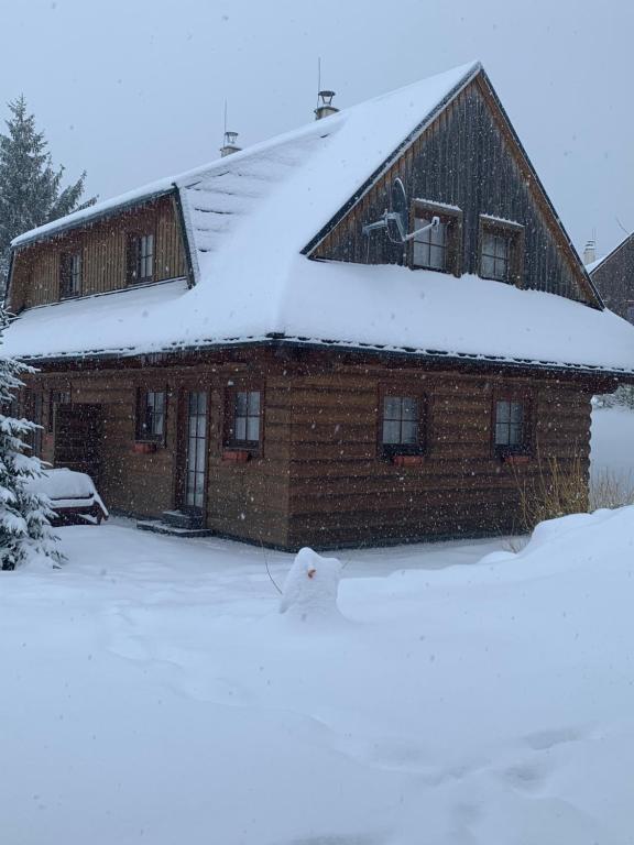 una casa de ladrillo con nieve en el techo en Drevenica Viki, en Terchová
