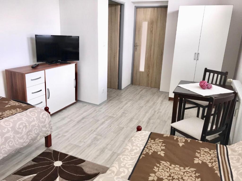 a living room with a bed and a television and a table at Apartmány Dagmar in Mariánské Lázně