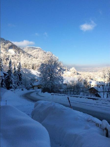a road covered in snow with trees and mountains at Ferienwohnung Sauer in Blaichach