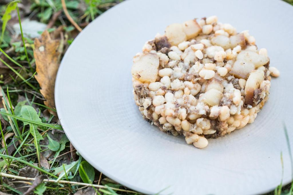 Un plato blanco con algo de comida encima. en Fonda Barris, en Joanetes