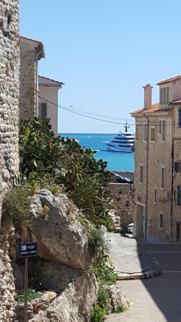 Une rue avec des bâtiments et l'océan en arrière-plan dans l'établissement la Tourraque, à Antibes
