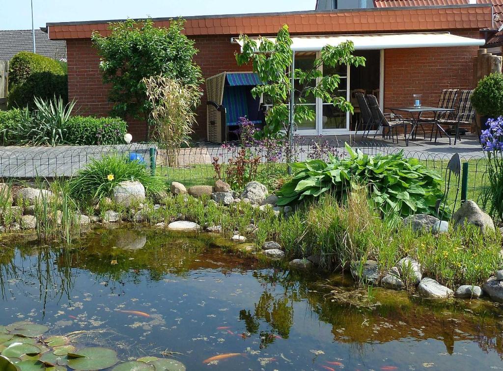 un jardin avec un étang en face d'une maison dans l'établissement Ostseehaus Windbreaker _ Objekt 45, à Admannshagen-Bargeshagen