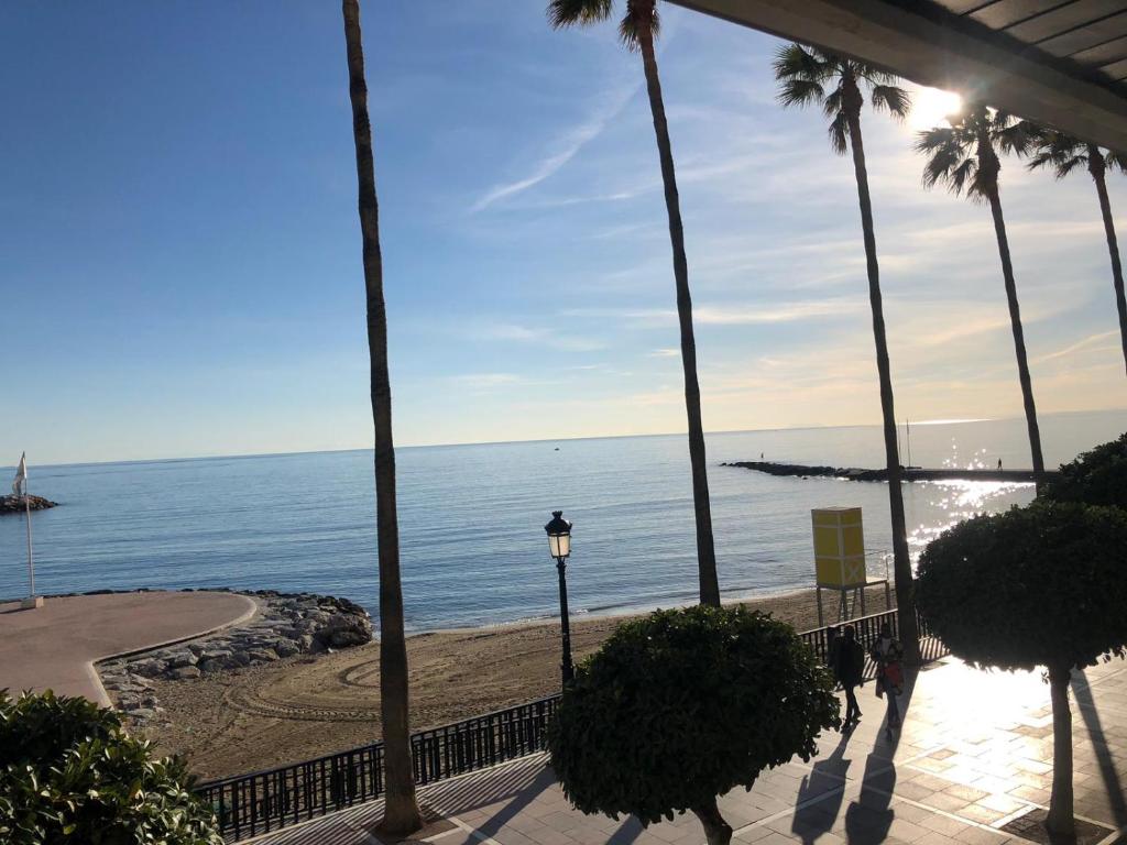 Blick auf das Meer von einem Resort mit Palmen in der Unterkunft Eden Roc I Entreplanta 7 in Marbella