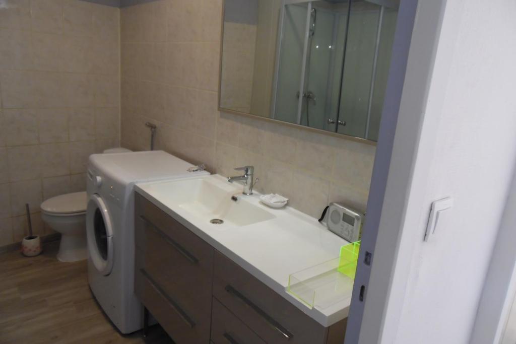 La salle de bains est pourvue d'un lavabo, de toilettes et d'un miroir. dans l'établissement Appartement Paisible, à Briançon
