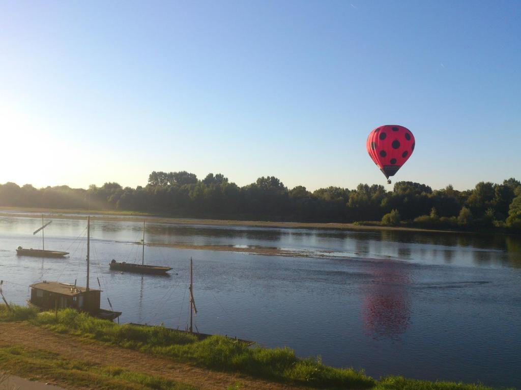 een heteluchtballon die over een rivier vliegt met boten bij LA MAISON DU PECHEUR in Chaumont-sur-Loire