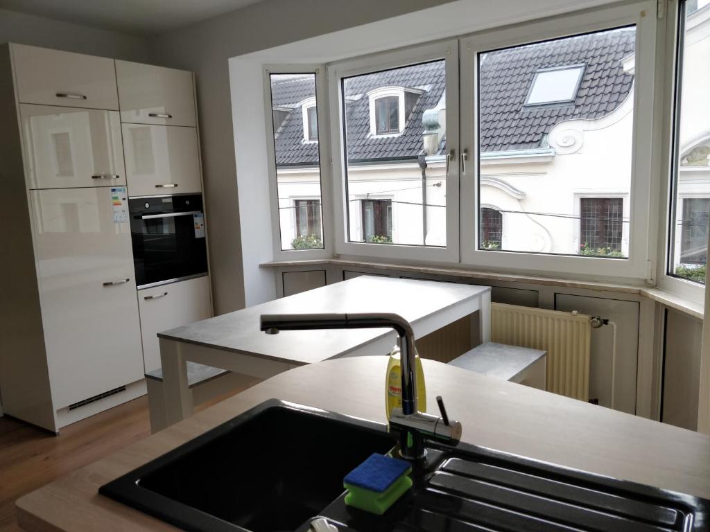 a kitchen with a sink and a kitchen with windows at XXL Superior Old Town Apartment in Düsseldorf
