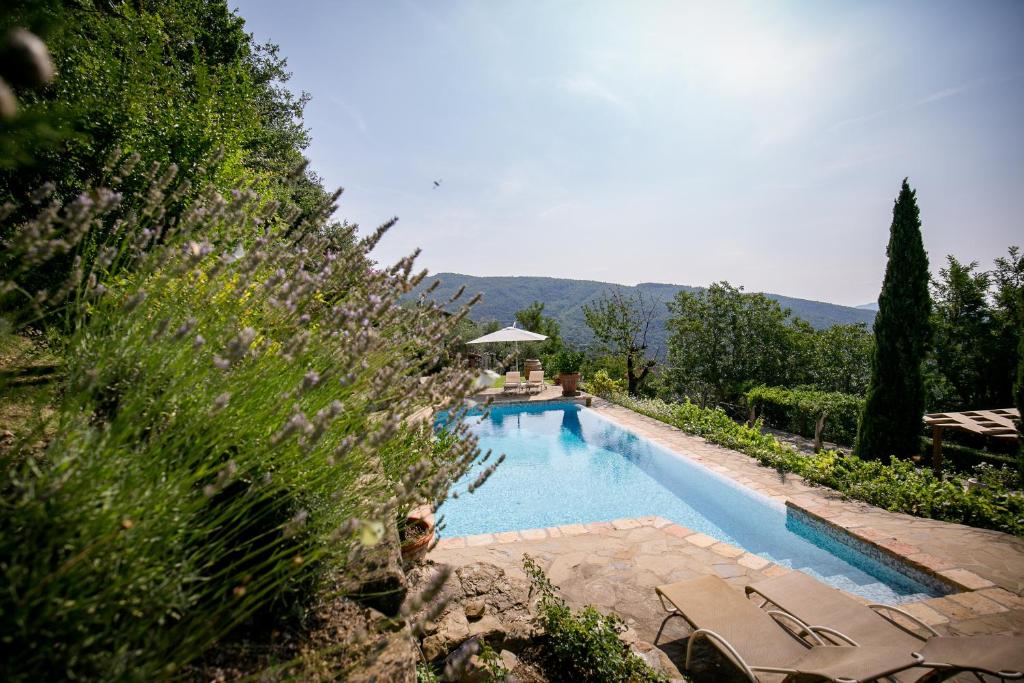 una piscina en un jardín con sillas y flores en Villa Alma, en Cortona