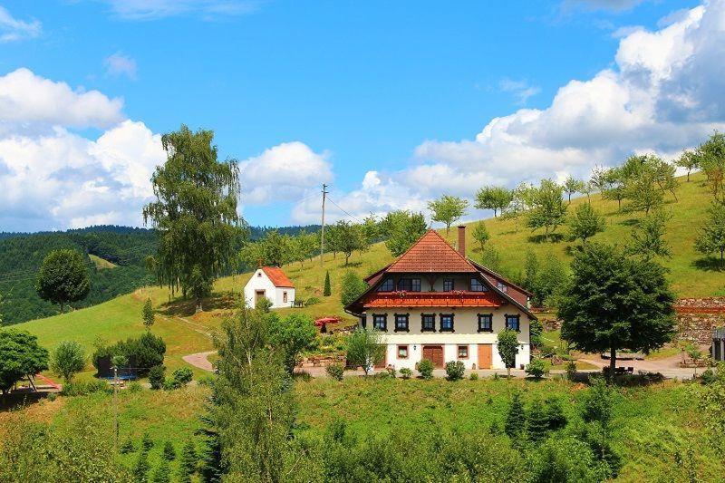 una casa grande en la cima de una colina verde en Ferienhaus Hubhof, en Oberharmersbach