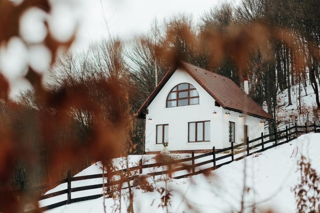 a small white house on a hill in the snow at Casuta Boema in Râşnov