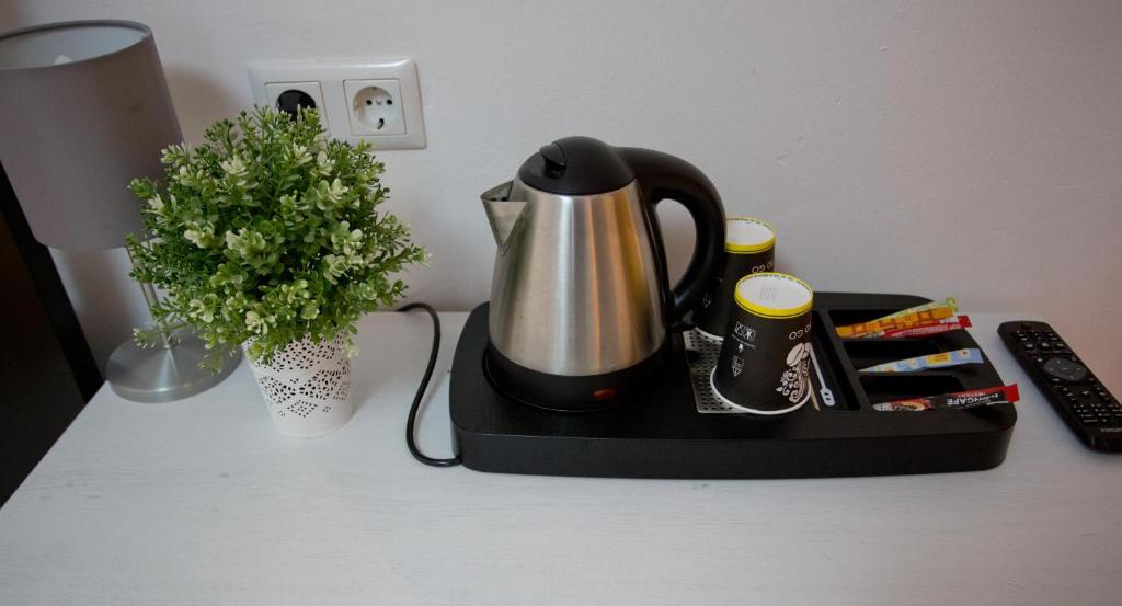 eine Kaffeemaschine auf einer Theke neben einer Anlage in der Unterkunft Hotel Frankenthaler Hof in Frankenthal