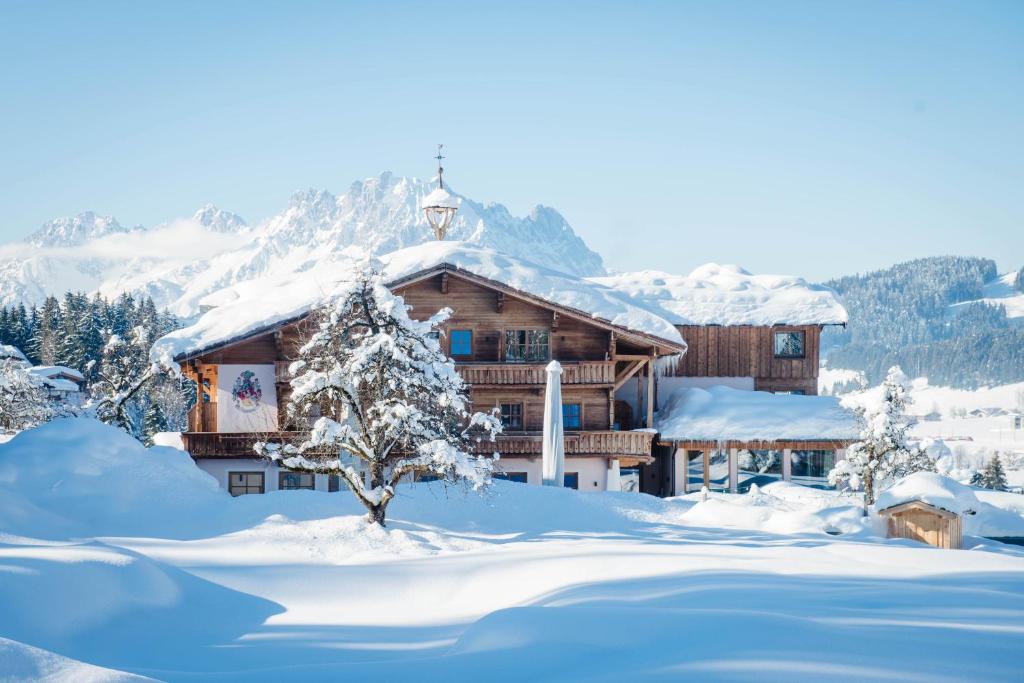 ein Chalet im Schnee in den Bergen in der Unterkunft Hotel Chalets Grosslehen in Fieberbrunn