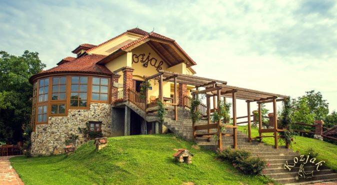 a large house with a grassy yard in front of it at Guest House Kozjak in Začretje